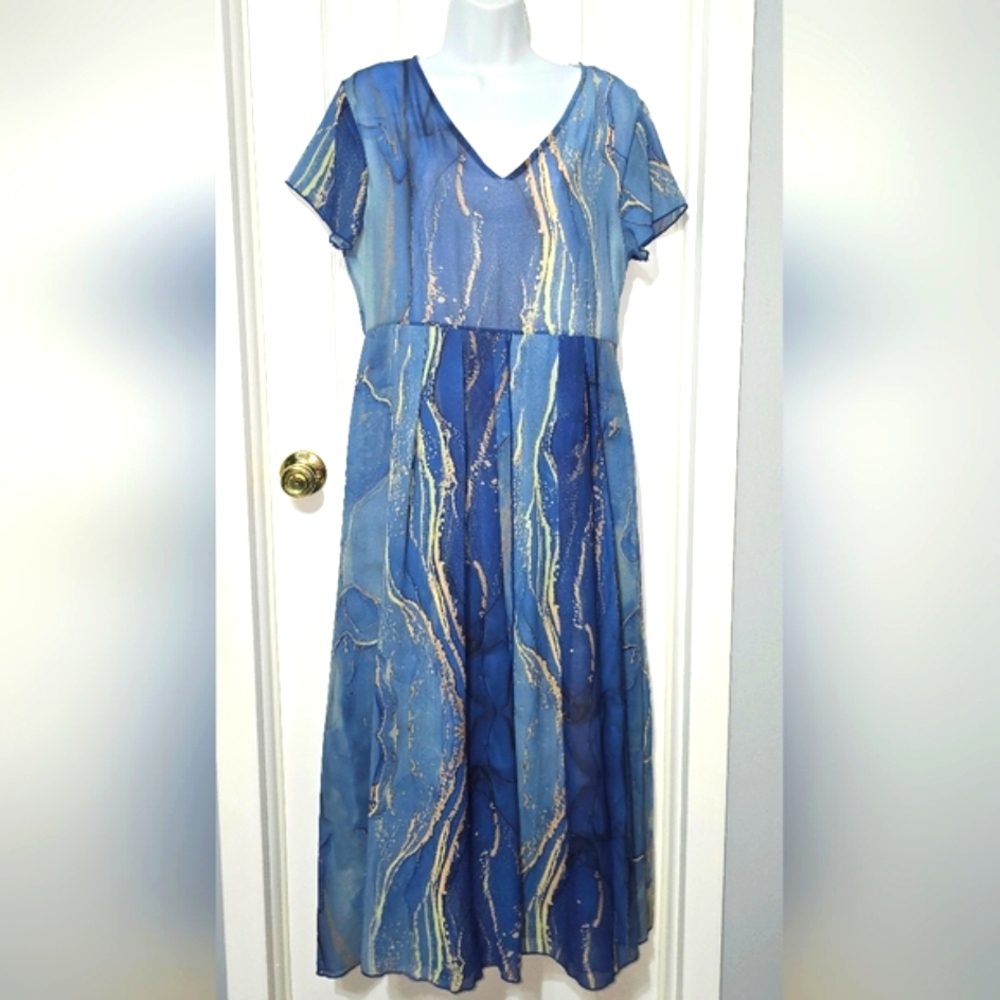 Elegant PAPYRUS Midi Dress Size L Waterfall Pattern, Blue/Gold Streaks
